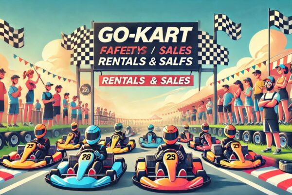 A detailed setup of go-karts in a showroom, highlighting go-karts and a business sign promoting sales and rentals.