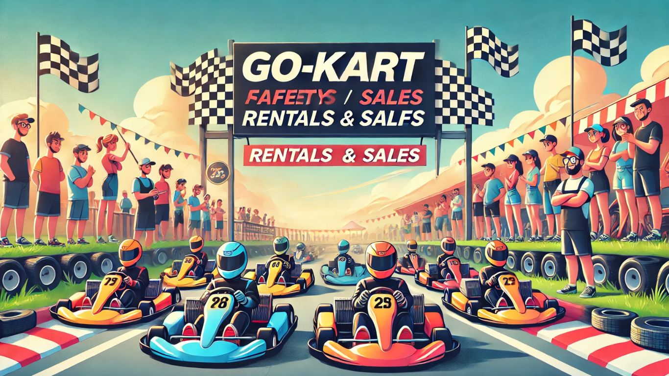 A detailed setup of go-karts in a showroom, highlighting go-karts and a business sign promoting sales and rentals.