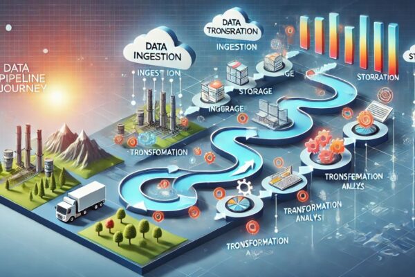 Visualization of a data pipeline journey process, illustrating stages of data collection, transformation, and integration.