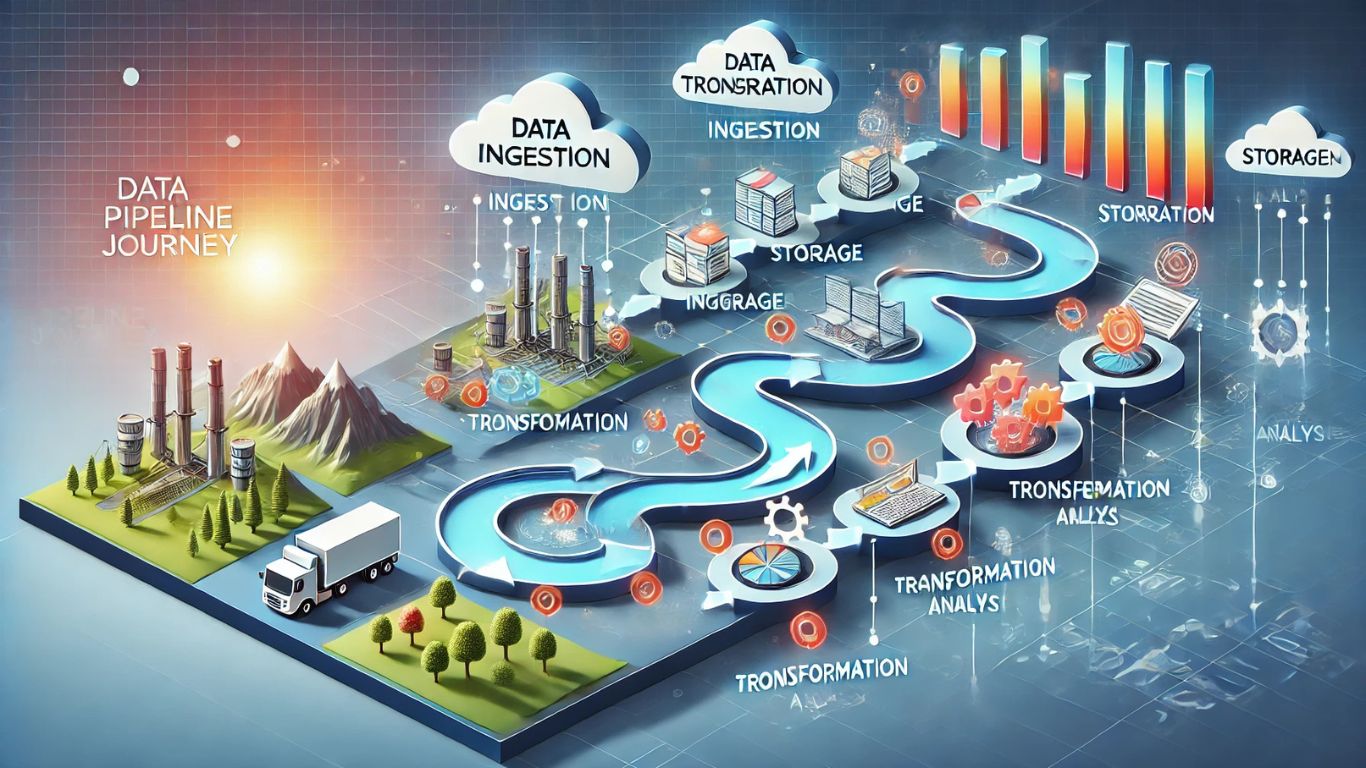 Visualization of a data pipeline journey process, illustrating stages of data collection, transformation, and integration.