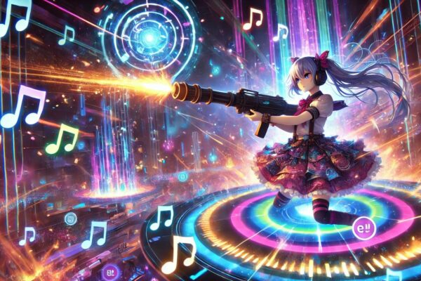 A vibrant scene of loli rocket launcher osu gameplay with colorful visuals and rhythm-based excitement