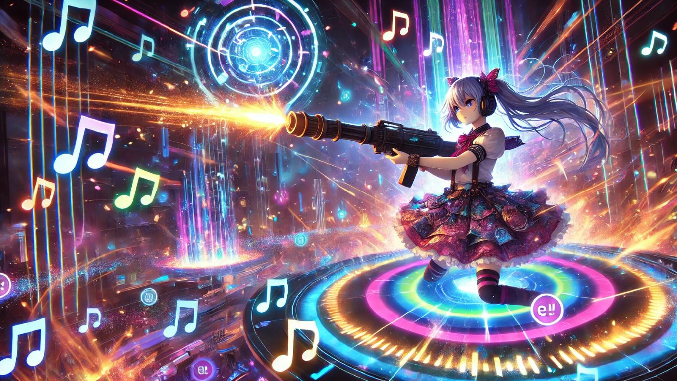 A vibrant scene of loli rocket launcher osu gameplay with colorful visuals and rhythm-based excitement