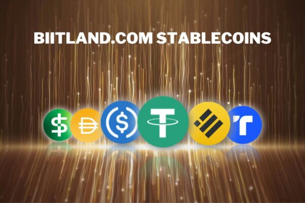 A conceptual illustration of biitland.com stablecoins showcasing digital coins and stability in a cryptocurrency ecosystem.