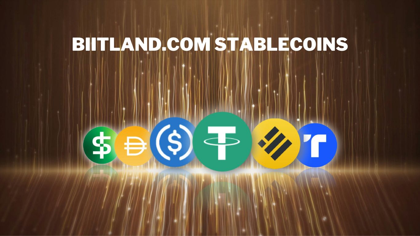 A conceptual illustration of biitland.com stablecoins showcasing digital coins and stability in a cryptocurrency ecosystem.