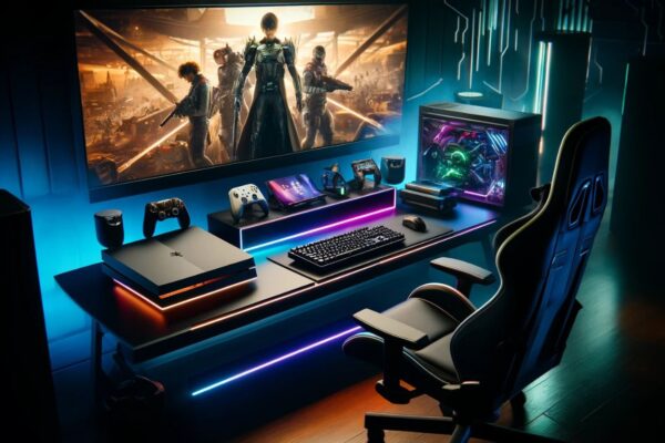 High-tech consoles eurogamersonline setup featuring PlayStation 5, Xbox Series X, and Nintendo Switch on a sleek desk with LED lighting and a futuristic ambiance.