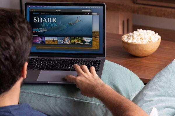 A person streaming movies on a laptop, exploring legal alternatives to GoMovies.