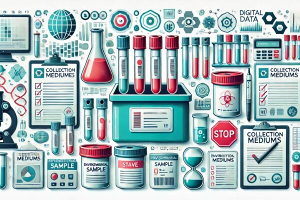 An organized display of various collection mediums, including test tubes with biological samples, digital data storage devices, environmental sample containers, and survey forms, representing their importance in different industries.