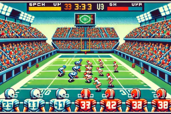 A retro-style American football game scene with pixel-art graphics, featuring players in colorful uniforms on the field, a stadium filled with cheering fans, and a classic arcade-style game interface.