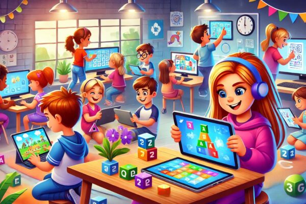 Children engaging in fun and educational activities on tablets and computers in a colorful classroom setting, solving puzzles and playing learning games.