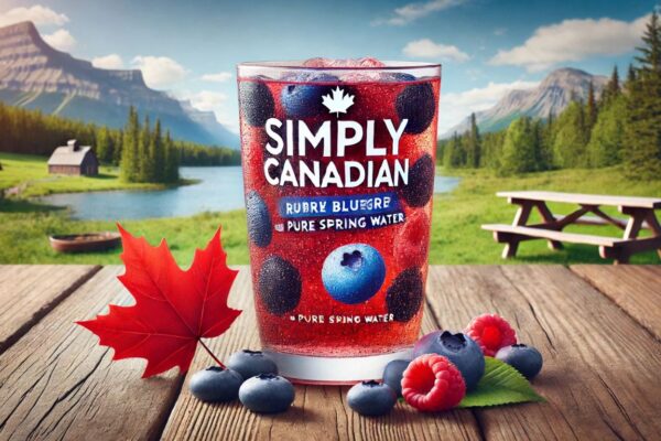 A refreshing glass of Simplycanadian drink, a berry-infused beverage with maple syrup and pure spring water, placed on a rustic wooden table with fresh blueberries, raspberries, and a maple leaf beside it, set against a scenic Canadian landscape with lush greenery and a clear blue sky.