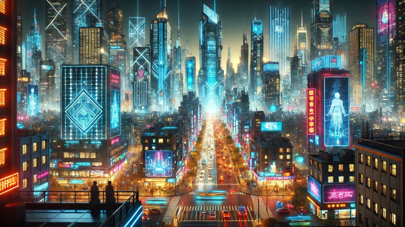 Futuristic cityscape at night with neon-lit skyscrapers, holographic billboards, and flying cars, creating a vibrant cyberpunk atmosphere.