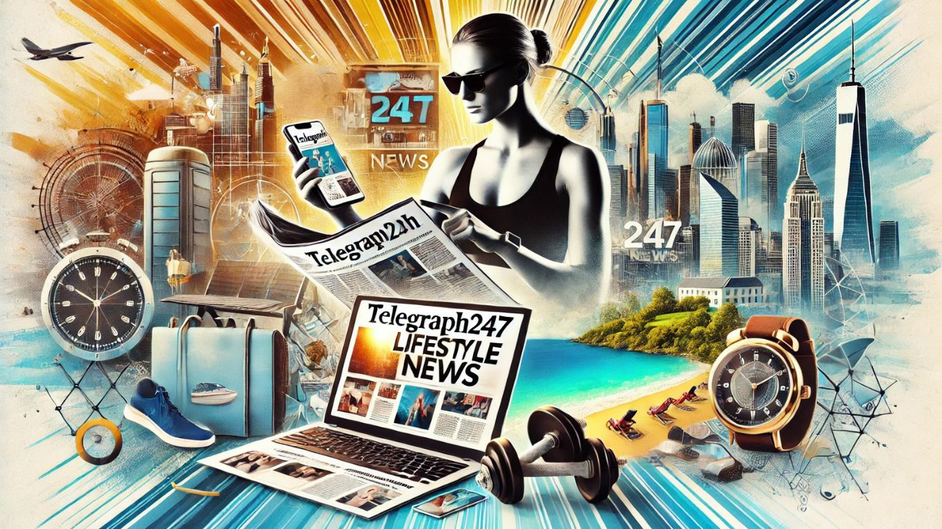 A vibrant digital collage representing Telegraph247 Lifestyle News, featuring elements of fashion, wellness, travel, and technology.