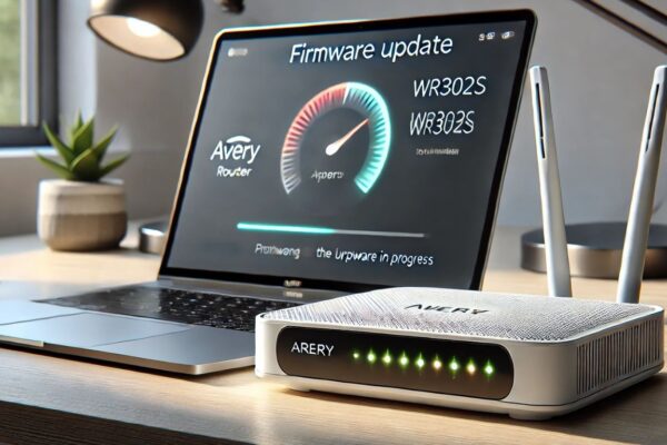 Avery WR302S router with firmware update screen displayed on a laptop.