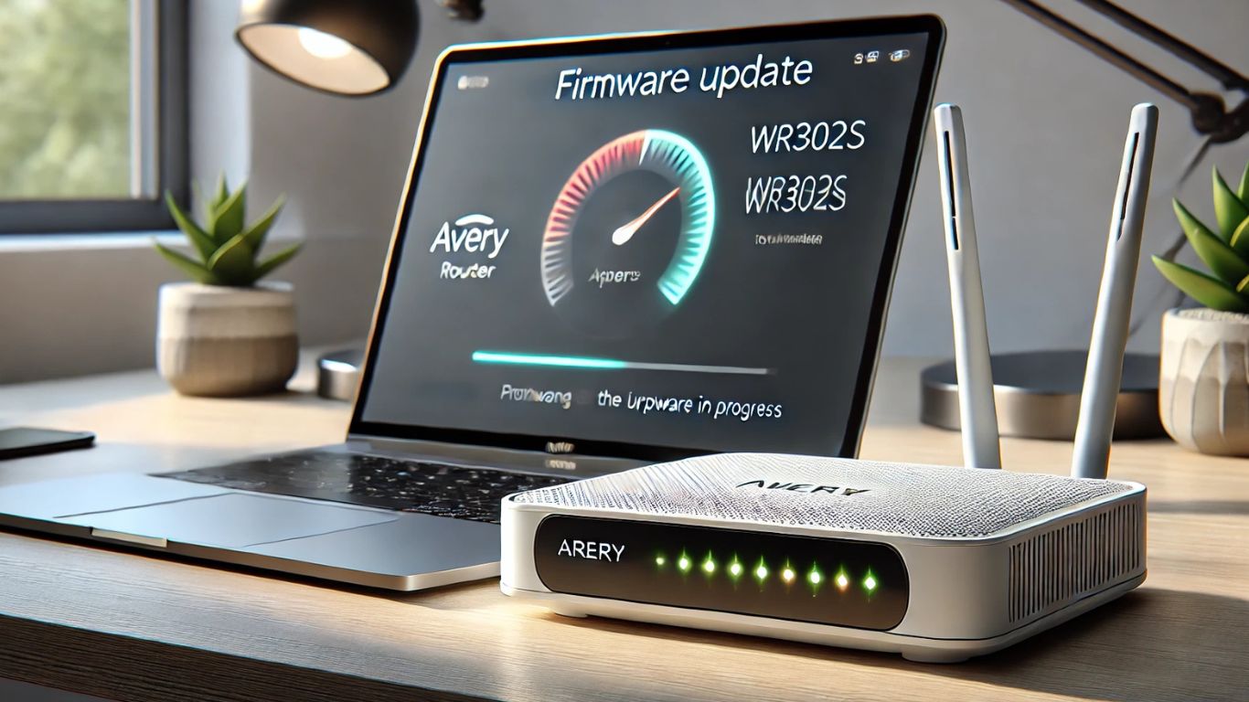 Avery WR302S router with firmware update screen displayed on a laptop.