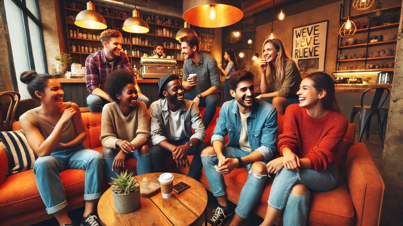 A group of six friends from the TV show Friends sitting on the iconic orange couch at Central Perk, smiling and laughing together.