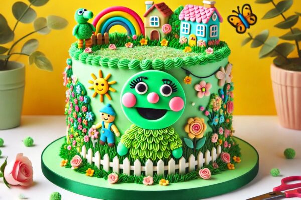 A vibrant Nanalan cake featuring green frosting and playful decorations inspired by the children's show "Nanalan."