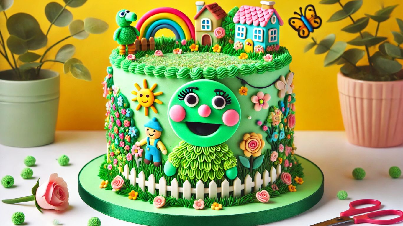 A vibrant Nanalan cake featuring green frosting and playful decorations inspired by the children's show "Nanalan."