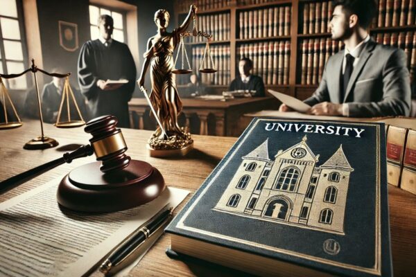 Courtroom scene with a judge presiding over a university-related case, featuring legal documents, a gavel, lawyers presenting arguments, and a university emblem in a professional setting.