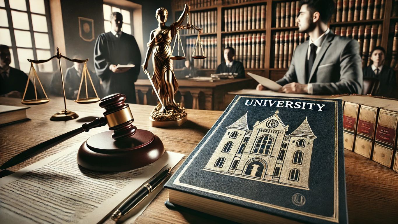 Courtroom scene with a judge presiding over a university-related case, featuring legal documents, a gavel, lawyers presenting arguments, and a university emblem in a professional setting.