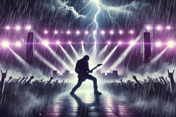 A dramatic concert scene with a stage illuminated by purple lights, heavy rain falling, and a silhouette of a guitarist playing passionately.