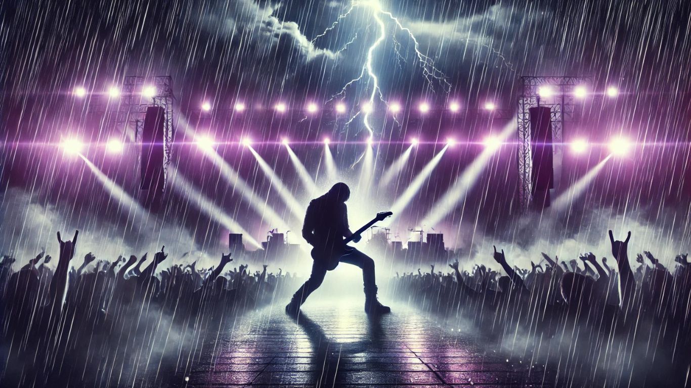 A dramatic concert scene with a stage illuminated by purple lights, heavy rain falling, and a silhouette of a guitarist playing passionately.