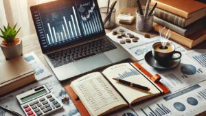 A modern financial planning workspace featuring a laptop displaying investment charts, a notebook with budgeting notes, a cup of coffee, and a pen, symbolizing productivity and financial growth.