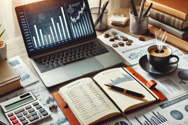 A modern financial planning workspace featuring a laptop displaying investment charts, a notebook with budgeting notes, a cup of coffee, and a pen, symbolizing productivity and financial growth.