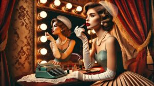 Elegant woman in a 1950s-style dress with pearl earrings and red lipstick, seated at a vintage vanity, applying makeup in soft lighting.