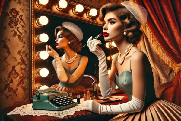 Elegant woman in a 1950s-style dress with pearl earrings and red lipstick, seated at a vintage vanity, applying makeup in soft lighting.