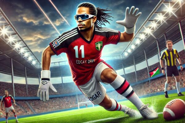 Edgar Davids in action wearing his iconic protective glasses and jersey, showcasing his dynamic playing style and legendary presence on the field.