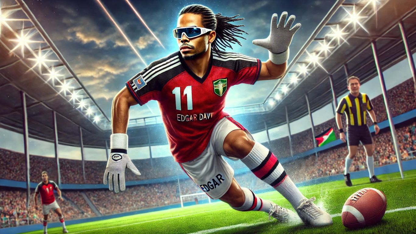 Edgar Davids in action wearing his iconic protective glasses and jersey, showcasing his dynamic playing style and legendary presence on the field.