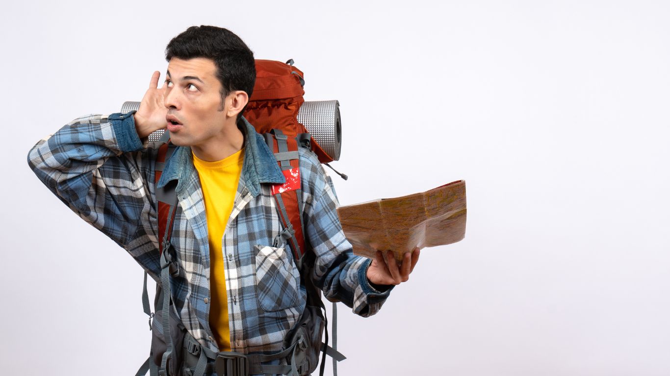 An illustration of a confused traveler following the wrong tour guide, with warning signs like "Confusing Directions!" and "Lost in Unknown Place," symbolizing the risks of hiring an unqualified guide.