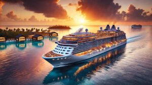 Luxurious cruise ship sailing on a calm blue ocean at sunset, with orange and purple hues in the sky and a tropical island in the background.