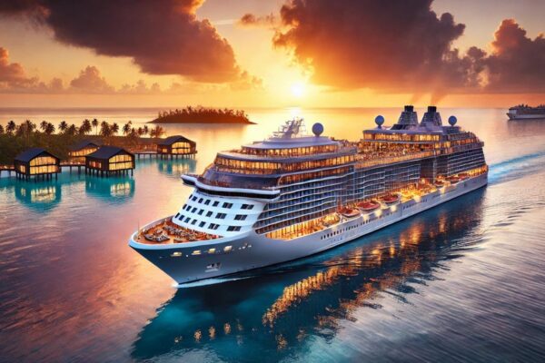 Luxurious cruise ship sailing on a calm blue ocean at sunset, with orange and purple hues in the sky and a tropical island in the background.