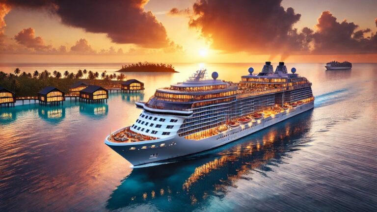 Luxurious cruise ship sailing on a calm blue ocean at sunset, with orange and purple hues in the sky and a tropical island in the background.